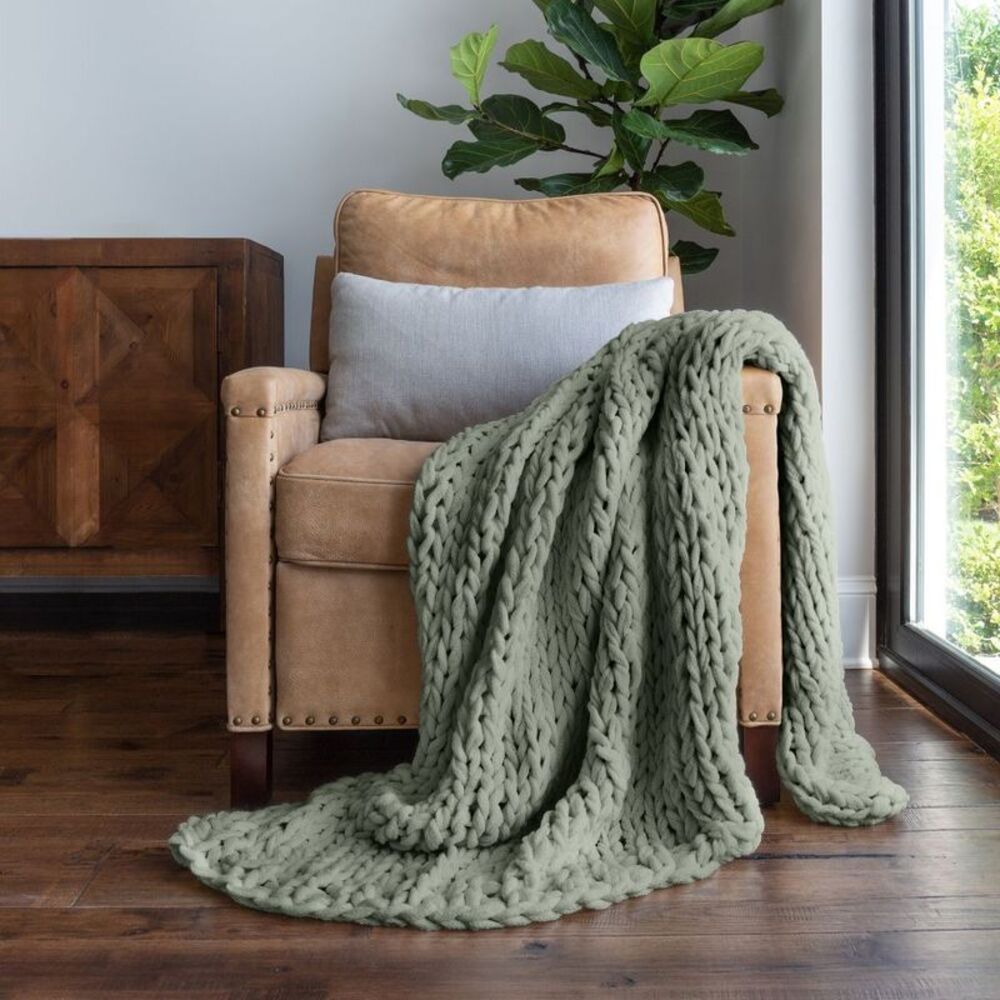 Becky Cameron - Chunky Knit Throw Blanket Braided Soft & Cozy - Be Eucalyptus